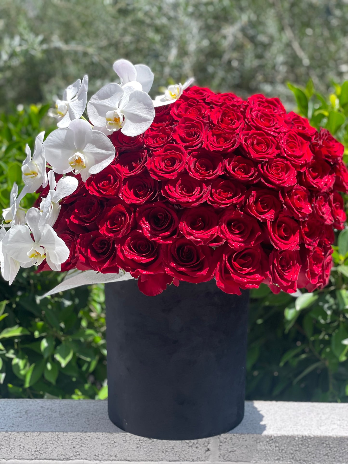 BOX LOVE
Box with white orchids and gorgeous red roses!